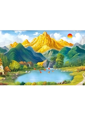 金山靠山图聚宝盆山水画办公室壁画客厅聚财挂画日照金山自粘贴画