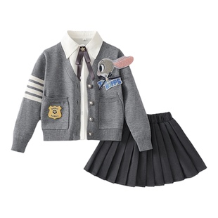 女童秋装新款兔子警官毛衣三件套jk裙子洋气套装秋冬儿童生日衣服