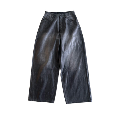 水洗灰色竹节纹刷蜡baggy牛仔裤