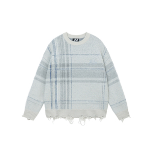 FORNINES马海毛拉毛格子慵懒毛衣男女情侣装秋冬针织衫宽松毛线衣