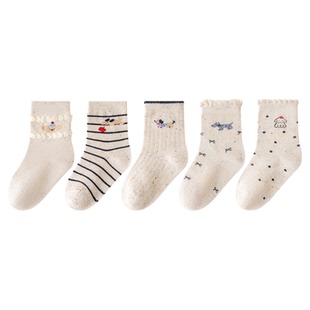 五朵棉女童袜子纯棉纱线春秋款女孩可爱卡通中筒袜儿童秋冬公主袜