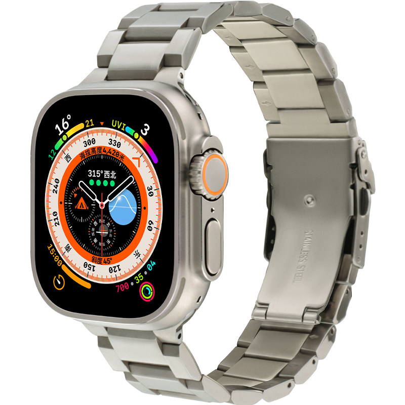 maenwvo适用苹果手表表带applewatch表带s9坦克三珠不锈钢金属保险扣ultra2新款小众高级男士iwatc