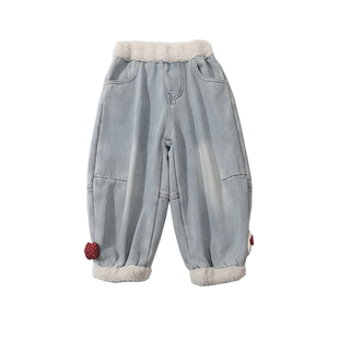 女童加绒牛仔裤冬季儿童宽松束脚裤宝宝冬天加厚裤子超好看休闲裤