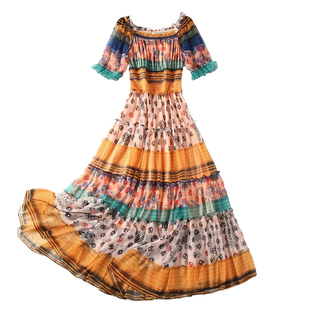 高级感度假连衣裙女夏季新款一字肩雪纺印花三亚海边沙滩长裙裙子