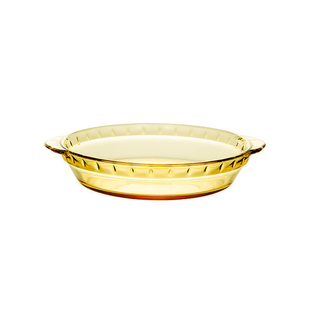 百思福高硼硅玻璃耐热茶色双耳玻璃盘圆型盘子微波炉烤盘加大加厚