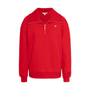 JESSIE红色宽松拉链翻领上衣女秋冬新款长袖通勤加绒保暖卫衣