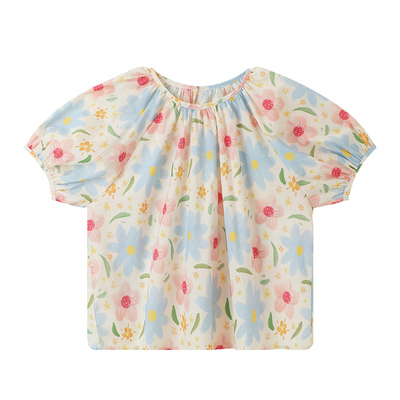 布丁哈鲁童装夏装女童上衣2026儿童纯棉盐系泡泡袖小衫衬衫短袖