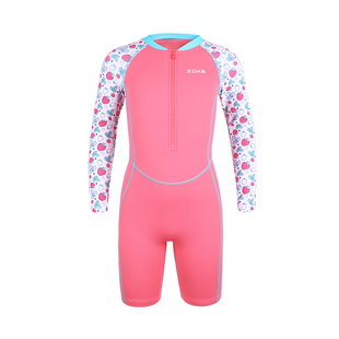 洲克儿童泳衣连体五分长袖防晒保暖zoke女孩速干加厚冬泳可爱泳装