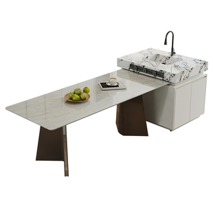 法式复古天然大理石新芬迪白奢石岛台餐桌一体2026新款厨房中导台