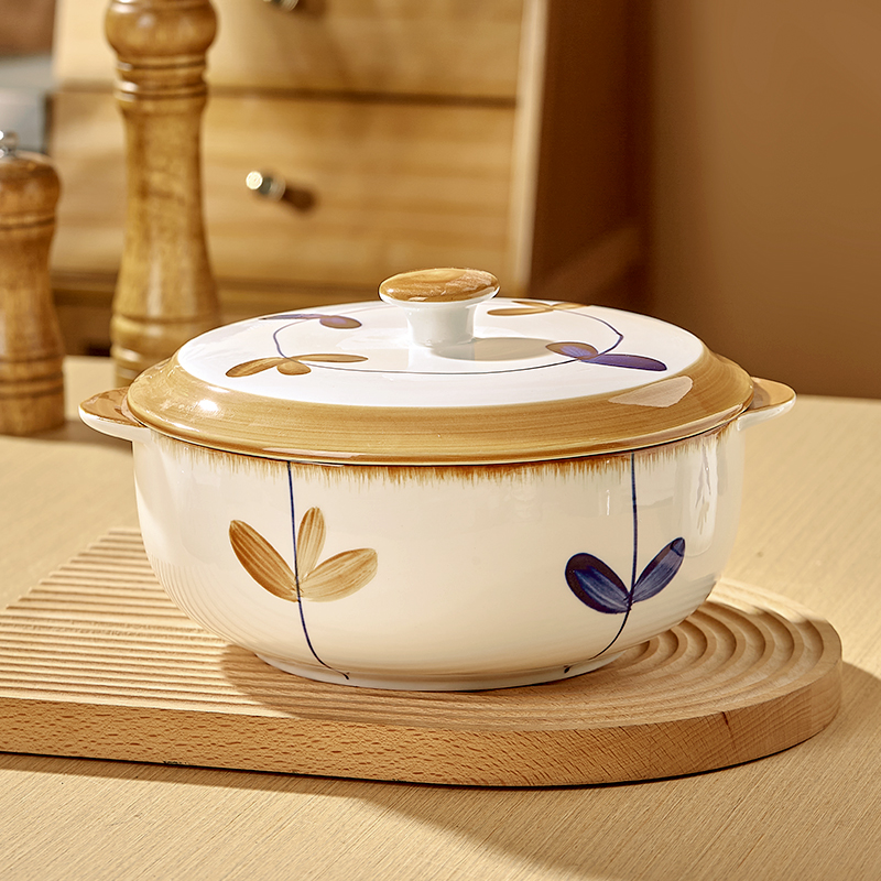 日式陶瓷双耳带盖猪油罐坛子耐高温家用密封大号大容量辣椒油罐子