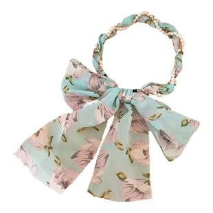 超仙碎花珍珠绑发飘带女2024夏季新款甜美丝巾发箍一体系压头发饰