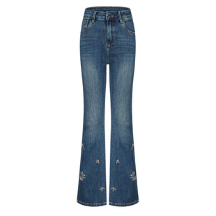 FEXATA斐格思2026春季新品复古洗水蓝调重工刺绣喇叭牛仔裤女长裤