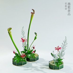 日本进口织部烧插花花器禅意日式 小原流器皿桌面写景盛花花盘小号