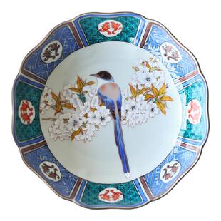 现货日本进口九谷烧日式餐具雅致古典花鸟樱花雀鸟16cm小盘分餐盘
