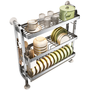 不锈钢窄边碗碟收纳架水槽极窄碗架厨房置物架多功能放碗盘沥水架