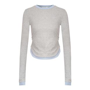 Liilou cozy fit 撞色细条纹 圆领修身正肩假两件长袖上衣