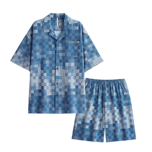 悦内睡衣男士夏季夏天纯棉短袖短裤家居服男款休闲马赛克格子套装