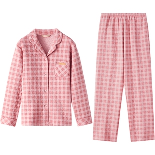 秋鹿空气棉睡衣女秋冬季新款纯棉三层夹棉加厚格子棉袄家居服套装