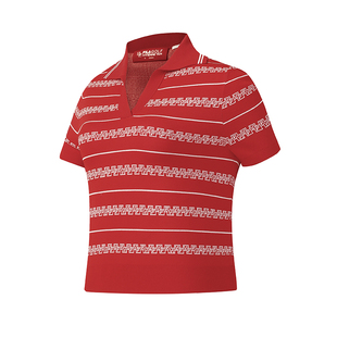 FILA斐乐高尔夫VIVIENNE TAM新年联名条纹红色女款翻领短袖编织衫