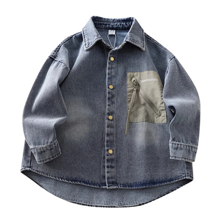 男童春秋牛仔衬衫2026新款大童儿童时尚洋气酷帅翻领潮酷春装外套