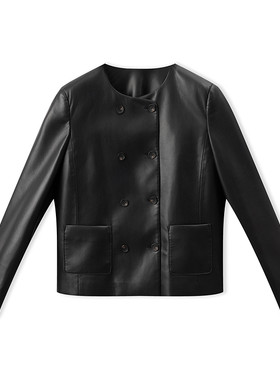通勤简约PU皮衣外套双排扣羽绒服