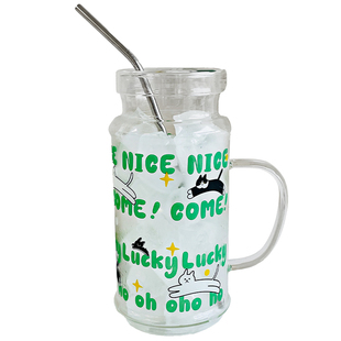 1100ml玻璃杯大容量一人饮水壶卡通高颜值水杯带盖带吸管家用杯子