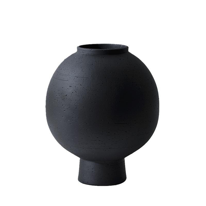 新中式侘寂黑色粗陶罐陶瓷花瓶摆件复古大肚纹理现代花器装饰品