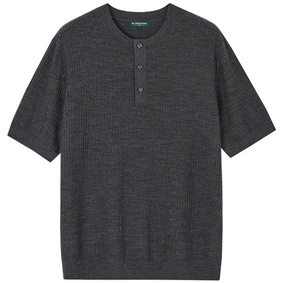 【16针纯羊毛】柏品亨利领细坑条T恤衫男士2026春夏意式短袖上衣