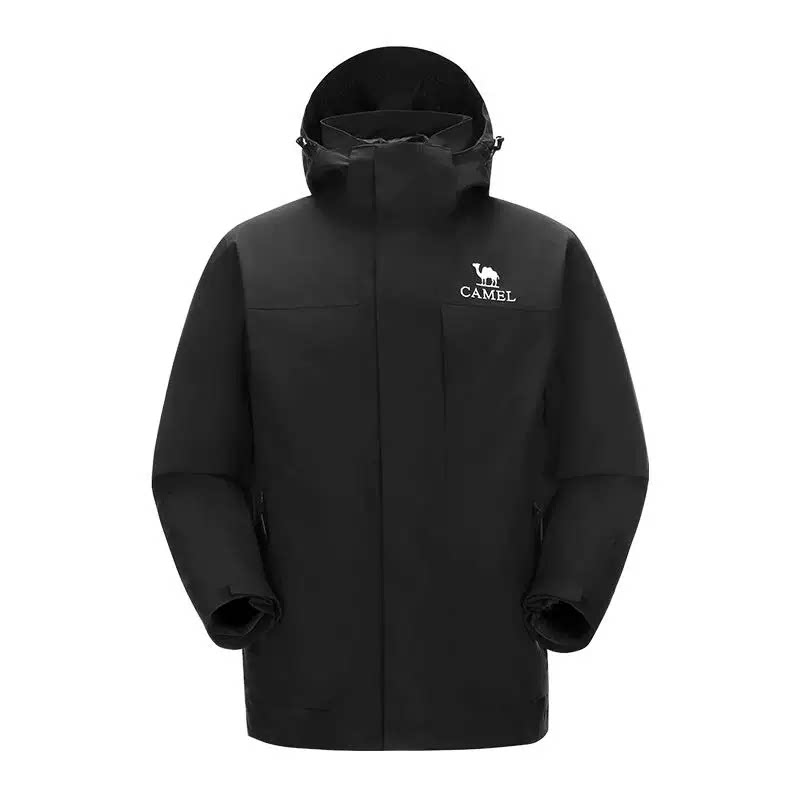 骆驼户外大朵鹅绒内胆冲锋衣男三合一防水羽绒滑雪服冬黑色外套
