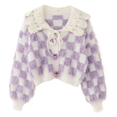 蔻后法式针织棋盘格开衫外套上衣