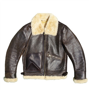 原生态羊皮毛一体真皮皮衣男爆裂做旧+米白毛巴顿飞行款保暖御寒