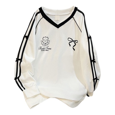 胖mm大码蝴蝶结V领卫衣女