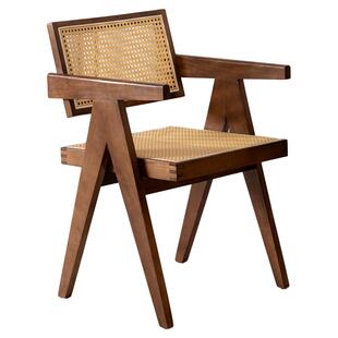 侘寂风藤编实木餐椅设计师款藤编家用扶手椅子简约休闲昌迪加尔椅
