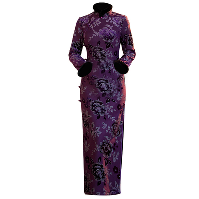 紫色旗袍改良冬季长款妈妈连衣裙