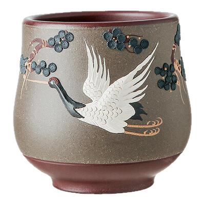 苏蔻宜兴原矿段泥紫泥主人杯泥绘杯松鹤延年杯紫砂茶杯国庆节送礼