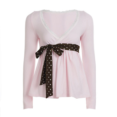 WEEKEEP 法式V领蕾丝拼接波点绑带长袖T恤女甜美百搭A摆显瘦上衣