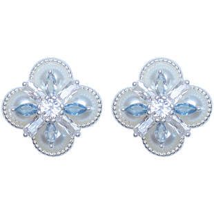 方糖家 清新蓝色四叶幸运小花珍珠耳钉2025新款巨好看小众耳环女