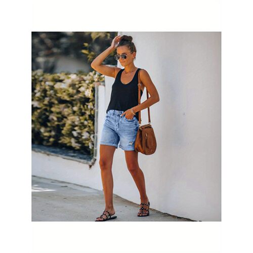 P 67304 Oversized High Waist Fringe Denim Shorts 高腰流苏短