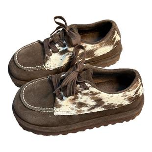 真皮马毛丑萌大头面包鞋女厚底复古磨砂皮勃肯鞋加绒增高休闲板鞋