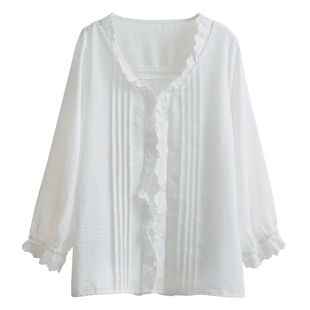 花吉C168白色木耳花边V领七分袖风琴褶宽松衬衫女2026新款春衬衣