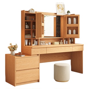 定制橡木真实木梳妆台隐藏镜子平开门收纳储物小户型主卧室化妆桌