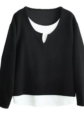 铜扣记假两件撞色T恤女圆领休闲百搭宽松显瘦春季新款韩版打底衫