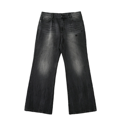 黑色微喇牛仔裤小破坏水洗