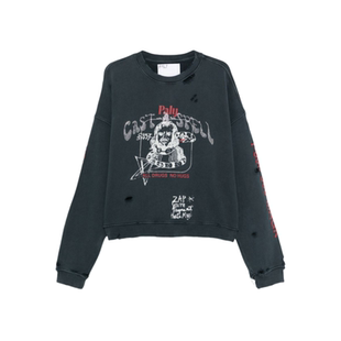 Paly Hollywood小众烫钻水洗做旧美式休闲破坏圆领卫衣Cortis同款