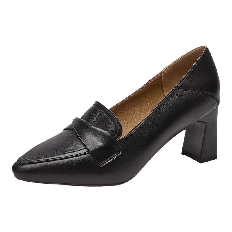 星期六小皮鞋女2025新款英伦风粗跟高跟鞋小羊皮通勤工作单鞋