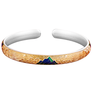 千里江山银手镯女珐琅彩纯银手镯描金银镯子开口首饰生日新年礼物