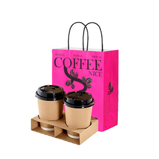 咖啡打包袋奶茶手提袋饮品外卖杯托单双杯定制logo一次性牛皮纸袋