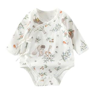 婧麒婴儿包屁衣春秋男女宝宝三角哈衣居家偏开系带打底薄款连体衣