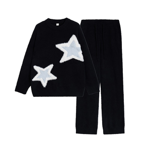 达芬奇密码秋冬新款五角星几何图案针织圆领半边绒睡衣女家居服