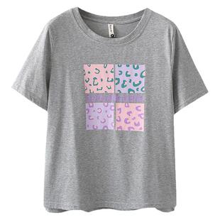 t恤胖mm正肩短袖女大码2025夏季新款时尚豹纹方块印花雪花棉半袖